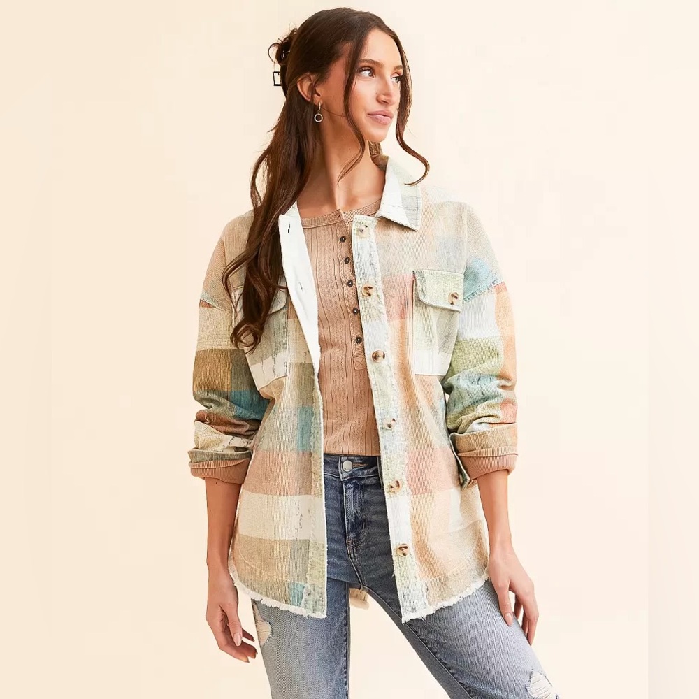BKE Pastel Plaid Shacket in Cream, Blue, Green & Peach
